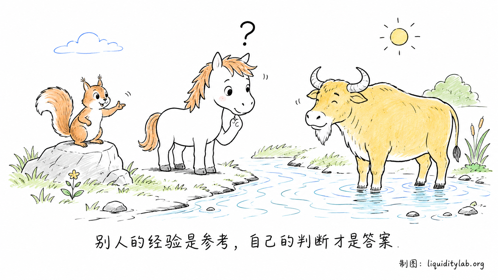 白板手绘寓言场景:小马站在河边,左岸小松鼠摆手表示水太深,右岸老黄牛站在浅滩表示水很浅,小马头上一个问号。底部一行字“别人的经验是参考,自己的判断才是答案”。