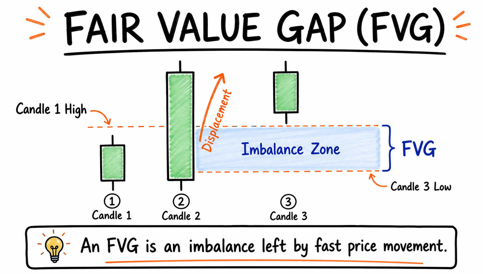 Hand-drawn three-candle Fair Value Gap example highlighting the imbalance zone.