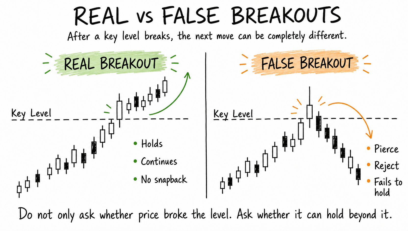 Hand-drawn comparison of a real breakout that holds and a false breakout that rejects.